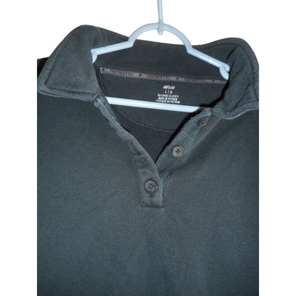 Aerie cropped Sweatshirt relaxed fit Black Sz L elastic cuffs v neck collared - Picture 2 of 6